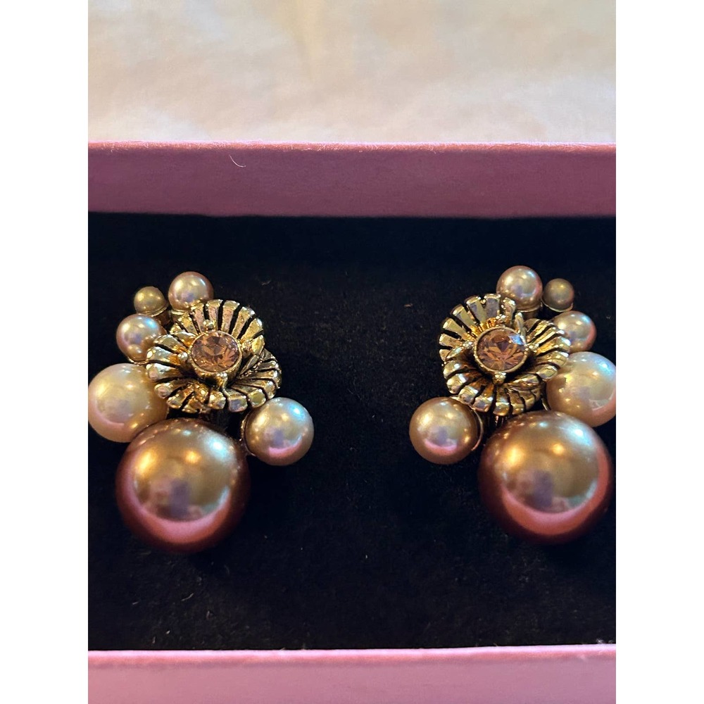 VTG Monet Earrings Clip On Gold Tone Brown Rhinestone Cluster Signed